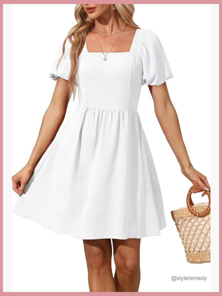 Puff Sleeve Square Neck Tie Back Dress With Zipper